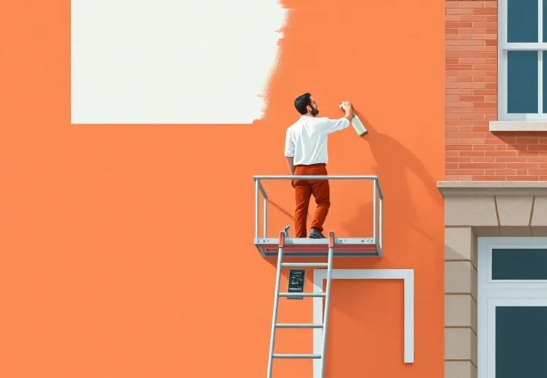 Peintre sur échafaudage traitant la façade d'une maison